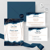 Navy en Bronzen Waterverf Bruiloft Informatiekaartje