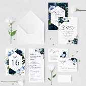 Navy en stoffige blauw waterverf bloemenbruiloft all in one uitnodiging