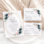 Navy Blue Flowers, Roze Flowers, Floral Wedding All In One Uitnodiging