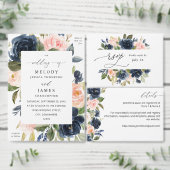 Navy Blue en Blush Pink Floral Wedding All In One Uitnodiging (Personaliseer de collectie van deze zelfstandige maker.)