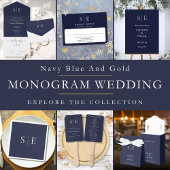 Blauw en goud monogram foto trouwfoto all in one uitnodiging