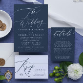 Wit marineblauw bruiloft welkomstdiner kaart