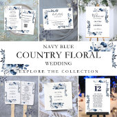 Marineblauw en wit Elegant Modern Floral Bruiloft Kaart