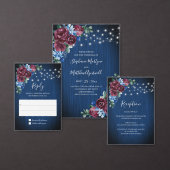 Marineblauw Bourgondië String Lights Bloemenbruilo Kaart (Personaliseer de collectie van deze zelfstandige maker.)