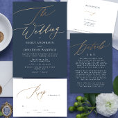 Navy Blue White Elegant Gold The Wedding All In One Uitnodiging