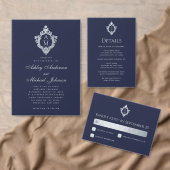 Crest Wedding Monogram Marine Blauw Faux Zilveren RSVP Kaartje (Personaliseer de collectie van deze zelfstandige maker.)