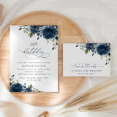 Navy Blue Flowers, Greenery, Boho, Birthday Etiket