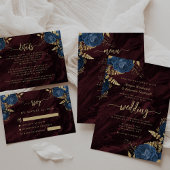 Navy Blue Gold Floral Burgundy QR Code Wedding Kaart