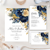 Navy Blue Gold Floral Elegant Save the Date Aankondigingskaart