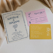 All In One Retro Navy blue Hand Drawn Wedding Kaart