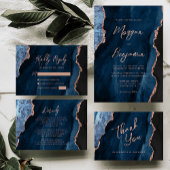 Modern Navy Blue Roos Gold Agate Script Wedding Kaart
