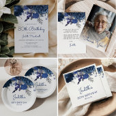 Marine Blauw Zilveren Bloemen 80ste Verjaardagsfee Kartonnen Onderzetters