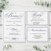 Navy Chic Calligraphy Script Wedding Reply Kaart (Personaliseer de collectie van deze zelfstandige maker.)