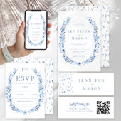 Blauw bloemenkrans Save the Date fotouitnodiging