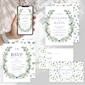 Blauw geel waterverf bloem bohemian bruiloft kaart