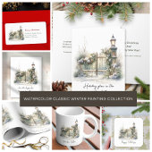 Winter Scene Snowy Green Foliage Kerstadres Etiket