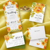 Oranje waterverf bloemen en bladeren bruiloft kaart