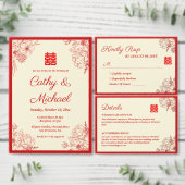 Chinees bruiloft rood beige bloemig lijst oosters menu (Personaliseer de collectie van deze zelfstandige maker.)