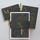 Art Deco Stijl 1920 Trouwdetails Zwart Goud Informatiekaartje