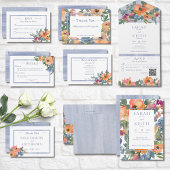 Rustige peach Blue & White Floral No Dinner All In One Uitnodiging