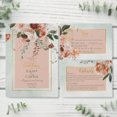 Perzik & Rust Bloemen Groene Waterverf Bruiloft Kaart (Personaliseer de collectie van deze zelfstandige maker.)