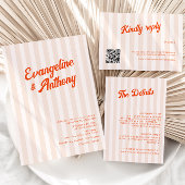 Perzik en Tangerine Retro Gestreepte Bruiloft Kaart