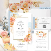 Minimale, moderne perzik, crème, blauwe bloemen br kaart