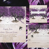 Paarse en grijze  Tortelduifjes bruiloft Kaart