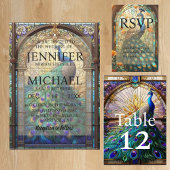 Luxe bruiloft: pauw tafel nummers kaart