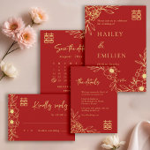 Peony Flowers Modern Chinees Rood Goud Huwelijk RS Kaart