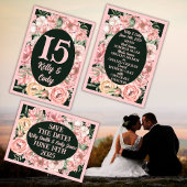 Roze en beige bloem ovaal op Deep Green Wedding Kaart