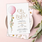 Oh Baby Pink Balloon Floral Baby shower Invitation Kaart