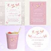 Roze Vlinder Meisje 1e Verjaardagsfeestje Papieren Bordje