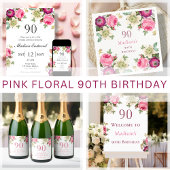 Budget Magenta Floral 90th Birthday Uitnodiging