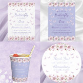 Roze Bloemen Vlinder 1e Verjaardag Dank u Ronde Sticker