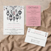 Roze Bloemen en Lantaarns QR Code Bruiloft Kaart (Personaliseer de collectie van deze zelfstandige maker.)
