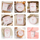 Pink Gingham Peach eerste verjaardag Bedankkaart