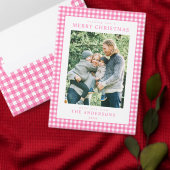 Pink Gingham Plaid Two Photo Feestdagenkaart (Personaliseer de collectie van deze zelfstandige maker.)