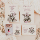 Foto Roze Meisje Bloemen Highland Koe 1e Verjaarda Bedankkaart