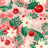 Roze Groene Retro Bloemen Kerstmis Cadeaupapier