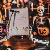 Roze Halloween Ghost en Black Bow Verjaardag Kaart