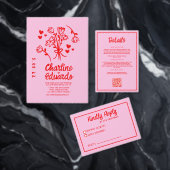 Roze Rode Hand getrokken golvende retro bruiloft Kaart (Personaliseer de collectie van deze zelfstandige maker.)