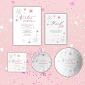 Pink Silver Glitter Snowflakes 1st Birthday Party  Bedankkaart