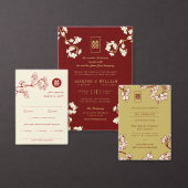 Ivory Peach/Plum Blossom Chinese Double Happiness All In One Uitnodiging (Personaliseer de collectie van deze zelfstandige maker.)