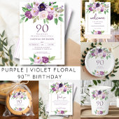 Paars | Violet Floral 90ste verjaardag uitnodiging