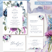 Elegant Paars en Blue Floral Lijst Wedding Invit Kaart