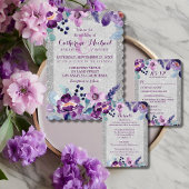 Paarse Waterverf Bloemen & Zilveren Glitter Bruilo Kaart