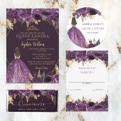 Paarse Gouden Bloemen Quinceañera Save the Date Aankondigingskaart