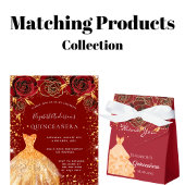 Quinceanera red gold dress glitter RSVP All In One Uitnodiging