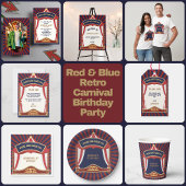 Blauw en Rood Retro Carnaval verjaardagsuitnodigin Kaart